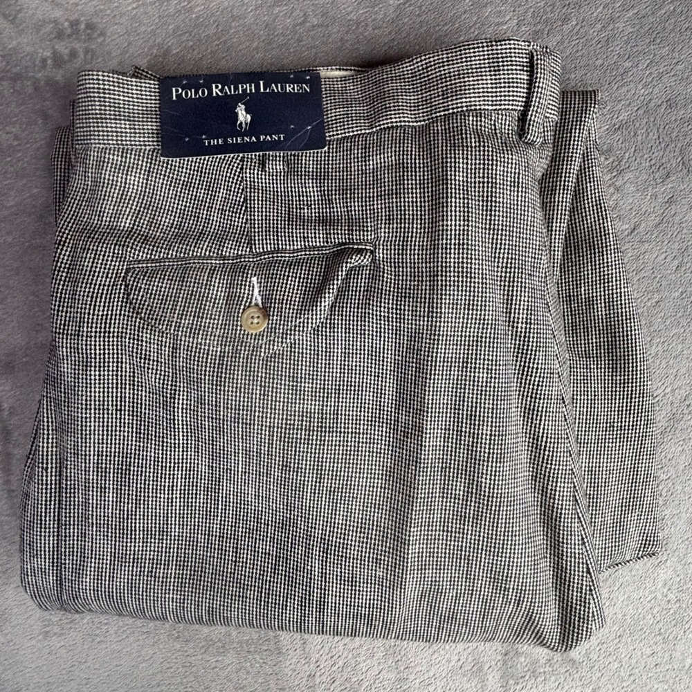 Polo Ralph Lauren Siena Pant Mens 40x36 Black White Houndstooth Linen Cotton vtg